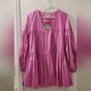 Aje Pink Long Sleeve Dress, V- Neck, Size 8, Cotton.